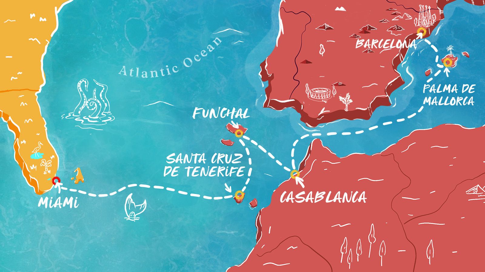 Spain to Miami Transatlantic Itinerary Map